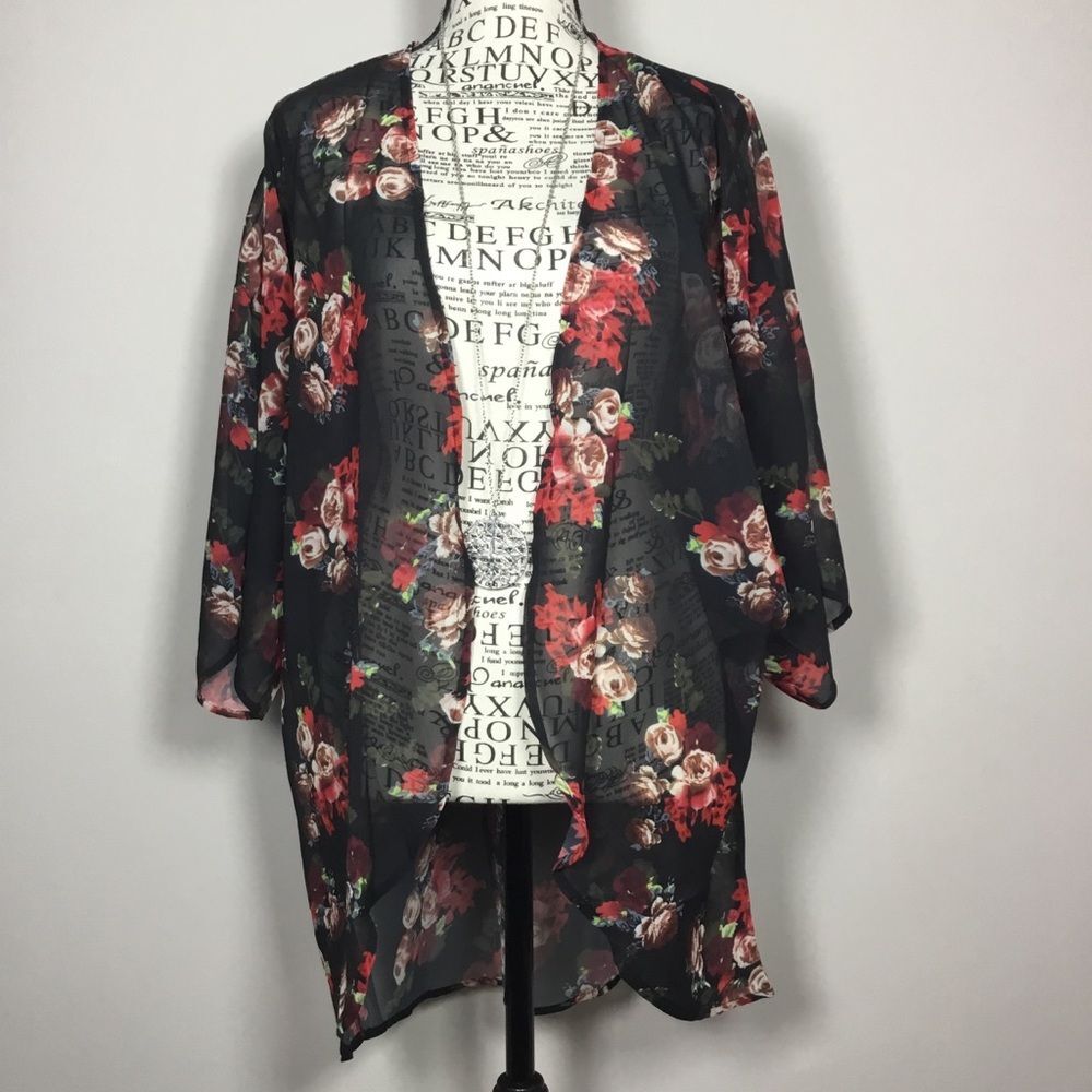 Beautiful black sheer kimono robe duster coverup with rose pattern romantic M